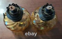 Pair Antique Amber Swirl Glass Kerosene Oil Peg Lamps English Rund Brenner