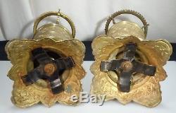 Pair Antique Brass Oil Lamps with Glass Fonts