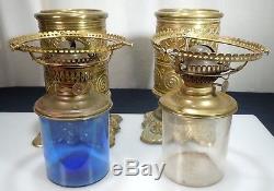 Pair Antique Brass Oil Lamps with Glass Fonts