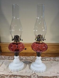 Pair Antique Cranberry Opalescent Coin Dot Art Glass Kerosene Oil Stand Lamps