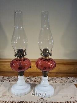 Pair Antique Cranberry Opalescent Coin Dot Art Glass Kerosene Oil Stand Lamps