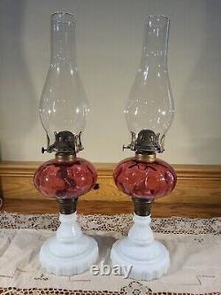 Pair Antique Cranberry Opalescent Coin Dot Art Glass Kerosene Oil Stand Lamps