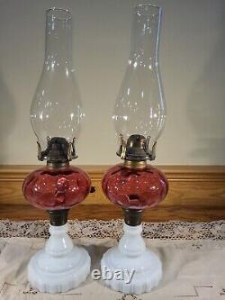 Pair Antique Cranberry Opalescent Coin Dot Art Glass Kerosene Oil Stand Lamps