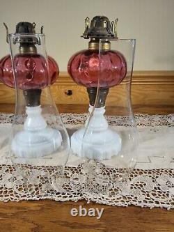 Pair Antique Cranberry Opalescent Coin Dot Art Glass Kerosene Oil Stand Lamps