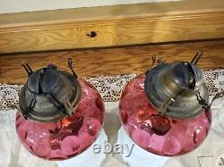 Pair Antique Cranberry Opalescent Coin Dot Art Glass Kerosene Oil Stand Lamps