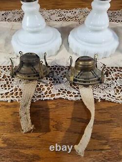 Pair Antique Cranberry Opalescent Coin Dot Art Glass Kerosene Oil Stand Lamps