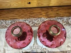 Pair Antique Cranberry Opalescent Coin Dot Art Glass Kerosene Oil Stand Lamps