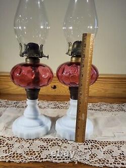 Pair Antique Cranberry Opalescent Coin Dot Art Glass Kerosene Oil Stand Lamps