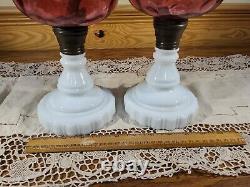 Pair Antique Cranberry Opalescent Coin Dot Art Glass Kerosene Oil Stand Lamps