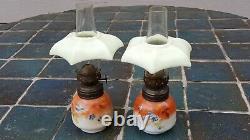 Pair Antique Oil Lamps Small Porcelain Floral Handpainted Orig Chimney & Shade