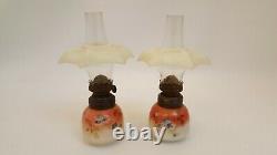 Pair Antique Oil Lamps Small Porcelain Floral Handpainted Orig Chimney & Shade