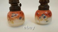 Pair Antique Oil Lamps Small Porcelain Floral Handpainted Orig Chimney & Shade