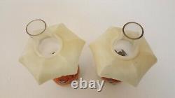 Pair Antique Oil Lamps Small Porcelain Floral Handpainted Orig Chimney & Shade