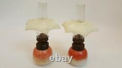 Pair Antique Oil Lamps Small Porcelain Floral Handpainted Orig Chimney & Shade