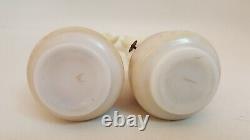 Pair Antique Oil Lamps Small Porcelain Floral Handpainted Orig Chimney & Shade
