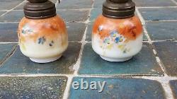 Pair Antique Oil Lamps Small Porcelain Floral Handpainted Orig Chimney & Shade