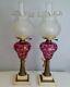 Pair Antique Red / Cranberry Etched Cut to Clear Glass Oil Lamps Electrified