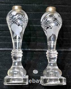 Pair Antique Sandwich Glass Blown + Engraved Font Whale Oil Lamps, Square Base