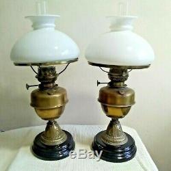 Pair Antique Vintage Brass & Ceramic Base Oil Lamps & White Glass Shade Chimney