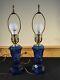 Pair Converted Oil Lamp Cobalt Blue Waffle Heart Boudoir Stand Lamps Electrified