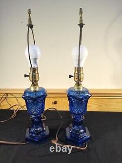 Pair Converted Oil Lamp Cobalt Blue Waffle Heart Boudoir Stand Lamps Electrified