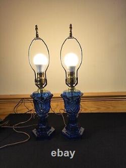 Pair Converted Oil Lamp Cobalt Blue Waffle Heart Boudoir Stand Lamps Electrified