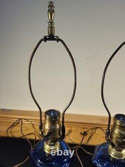 Pair Converted Oil Lamp Cobalt Blue Waffle Heart Boudoir Stand Lamps Electrified