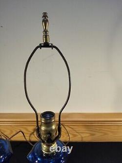 Pair Converted Oil Lamp Cobalt Blue Waffle Heart Boudoir Stand Lamps Electrified