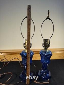 Pair Converted Oil Lamp Cobalt Blue Waffle Heart Boudoir Stand Lamps Electrified