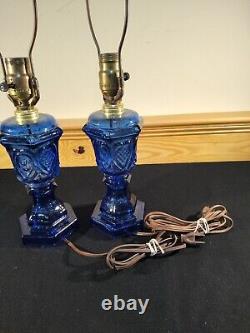 Pair Converted Oil Lamp Cobalt Blue Waffle Heart Boudoir Stand Lamps Electrified