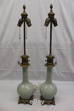Pair Early 20th Century Celadon Vases Mounted as Electrified French Oil Lamps