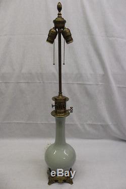Pair Early 20th Century Celadon Vases Mounted as Electrified French Oil Lamps