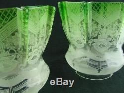 Pair Of Antique Veritas Emerald Green Glass Etched Tulip Oil Lamp Shades 4 Fit