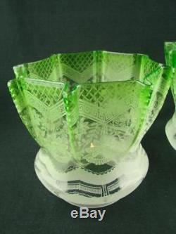 Pair Of Antique Veritas Emerald Green Glass Etched Tulip Oil Lamp Shades 4 Fit