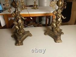 Pair Of Antique Victorian Style Bronze/Brass Cherub Oil Lamps Converted 40