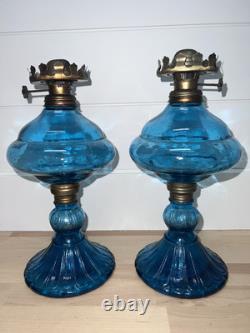 Pair Of Teal Blue Green Glass Blown Oil Lamps Beautiful! Old From Hong Kong