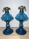 Pair Of Teal Blue Green Glass Blown Oil Lamps Beautiful! Old From Hong Kong