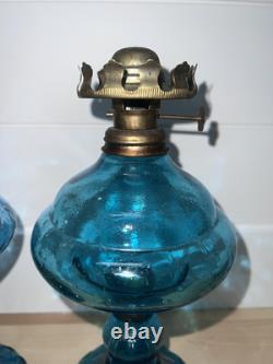 Pair Of Teal Blue Green Glass Blown Oil Lamps Beautiful! Old From Hong Kong