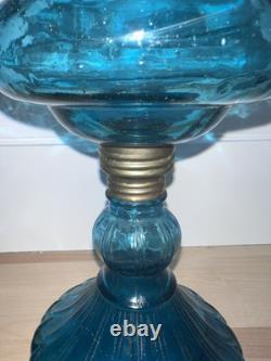 Pair Of Teal Blue Green Glass Blown Oil Lamps Beautiful! Old From Hong Kong