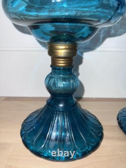 Pair Of Teal Blue Green Glass Blown Oil Lamps Beautiful! Old From Hong Kong