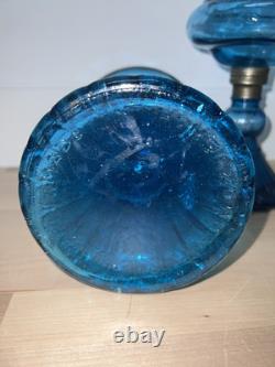 Pair Of Teal Blue Green Glass Blown Oil Lamps Beautiful! Old From Hong Kong