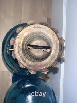 Pair Of Teal Blue Green Glass Blown Oil Lamps Beautiful! Old From Hong Kong