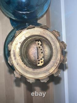 Pair Of Teal Blue Green Glass Blown Oil Lamps Beautiful! Old From Hong Kong