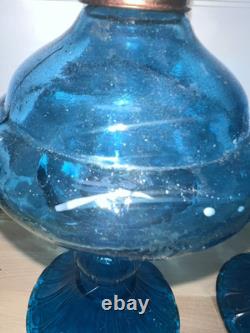 Pair Of Teal Blue Green Glass Blown Oil Lamps Beautiful! Old From Hong Kong