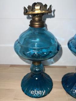 Pair Of Teal Blue Green Glass Blown Oil Lamps Beautiful! Old From Hong Kong