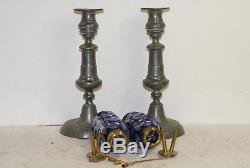 Pair Sandwich glass whale oil lamps, blue cut to clear, on pewter push-up sticks
