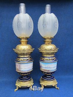 Pair Sevres Style Oil Lamps Continious Watteau Panels Napoleon III 1850-1890