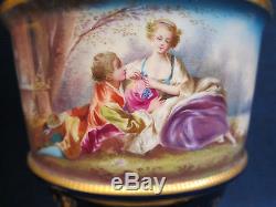 Pair Sevres Style Oil Lamps Continious Watteau Panels Napoleon III 1850-1890