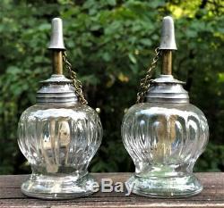 Pair of Antique Blown Molded Glass Whale Oil Sparking Lamps, Original Burners
