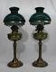 Pair of Antique Brass Columned 21 Dual Wick Oil Student Lamps withGreen Shades